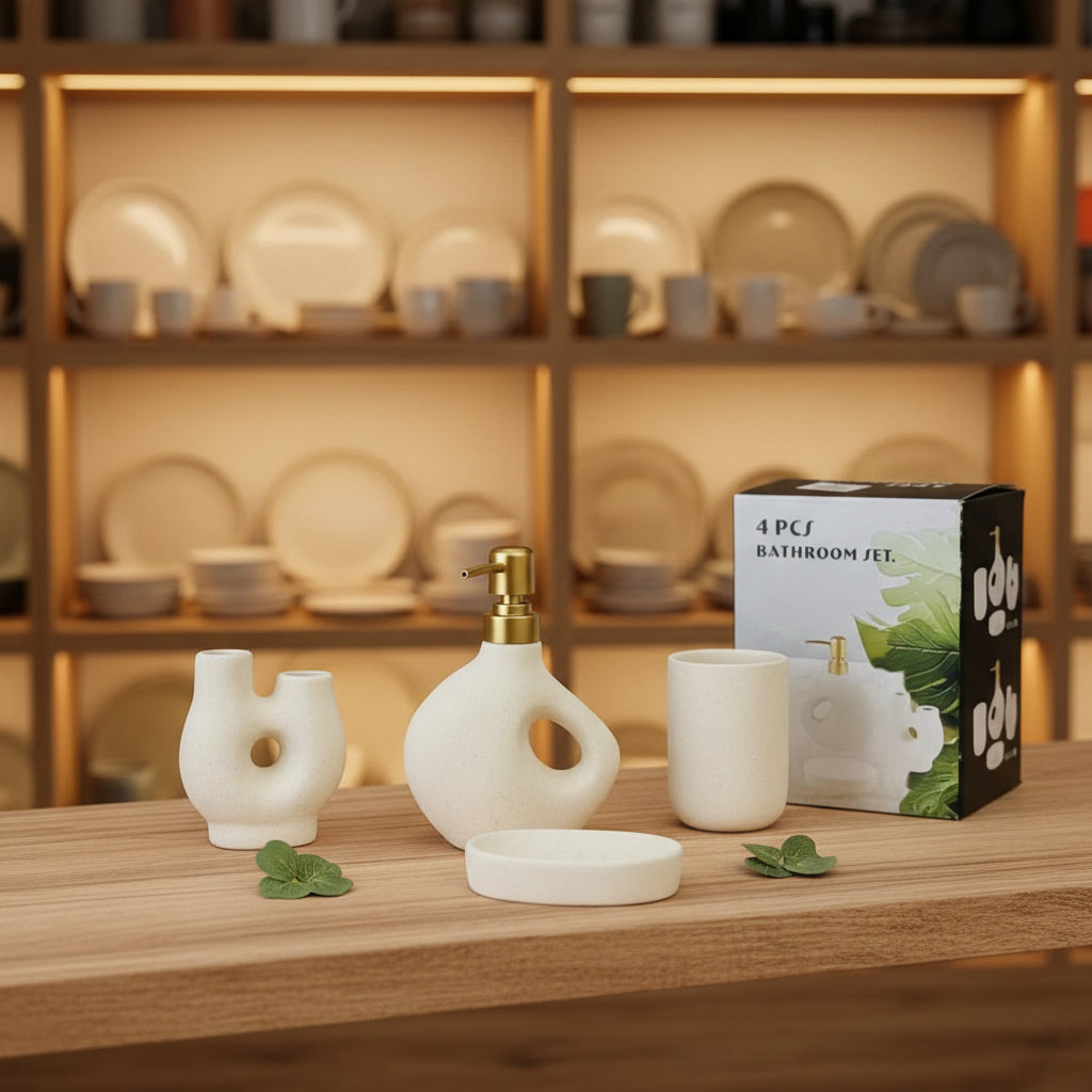 4-piece Nordic ceramic bathroom accessories set with soap dispenser, toothbrush holder, tumbler, and vanity tray for modern bathroom decor.
