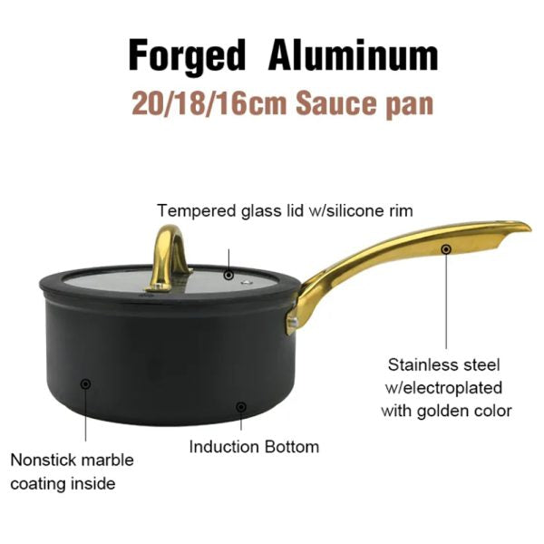 Premium non-stick saucepan with glass lid and gold handle available online in Pakistan at CoolGadget.pk.