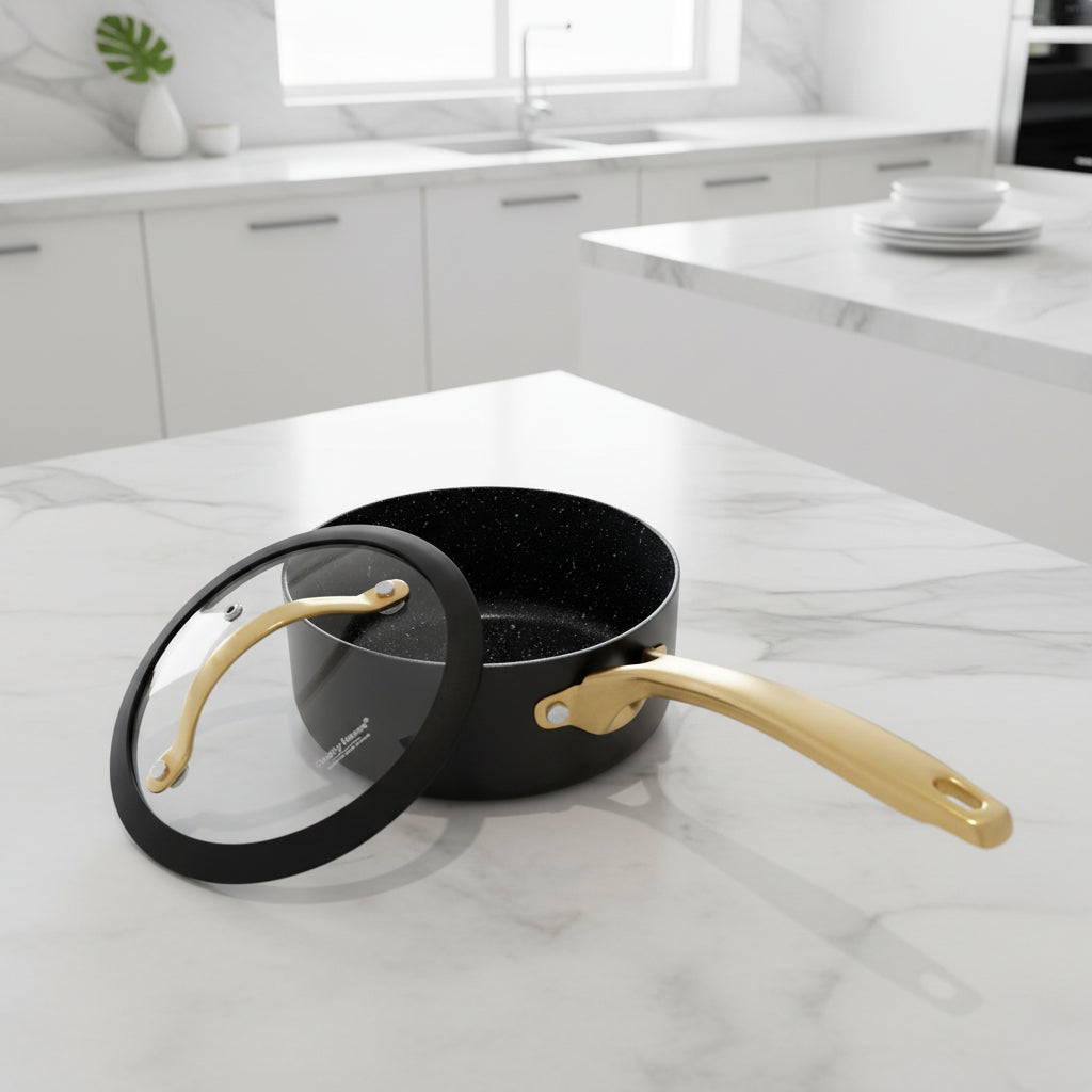 Danny Home Premium Non-Stick Forged Aluminum Saucepan with Tempered Glass Lid (Gold Handle Series) - Coolgadget.pk
