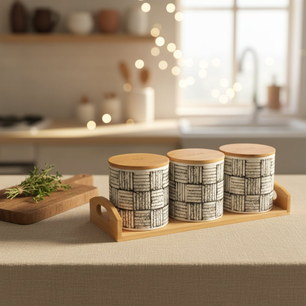 Printed ceramic canister set with bamboo tray