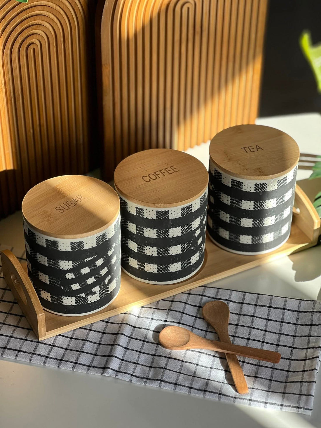 Gingham checkered ceramic canister set of 3 with bamboo lid and tray