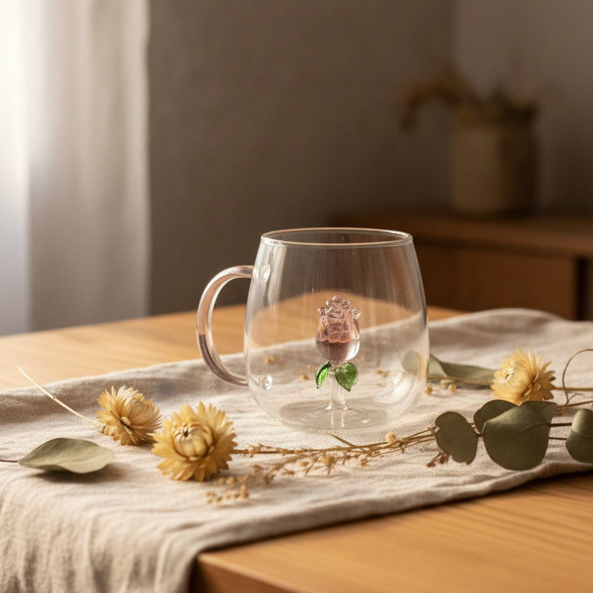 Creative 3D floral glass mug with color-tinted handle 350ml