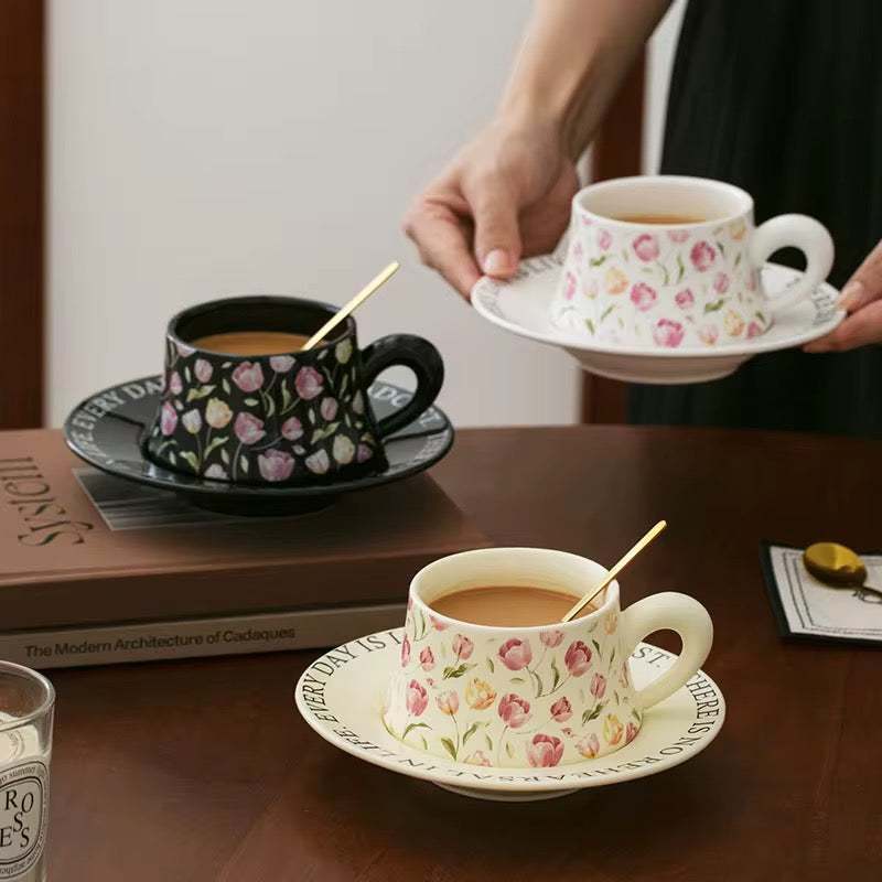 French vintage floral tulip ceramic coffee cup and saucer set 230ml