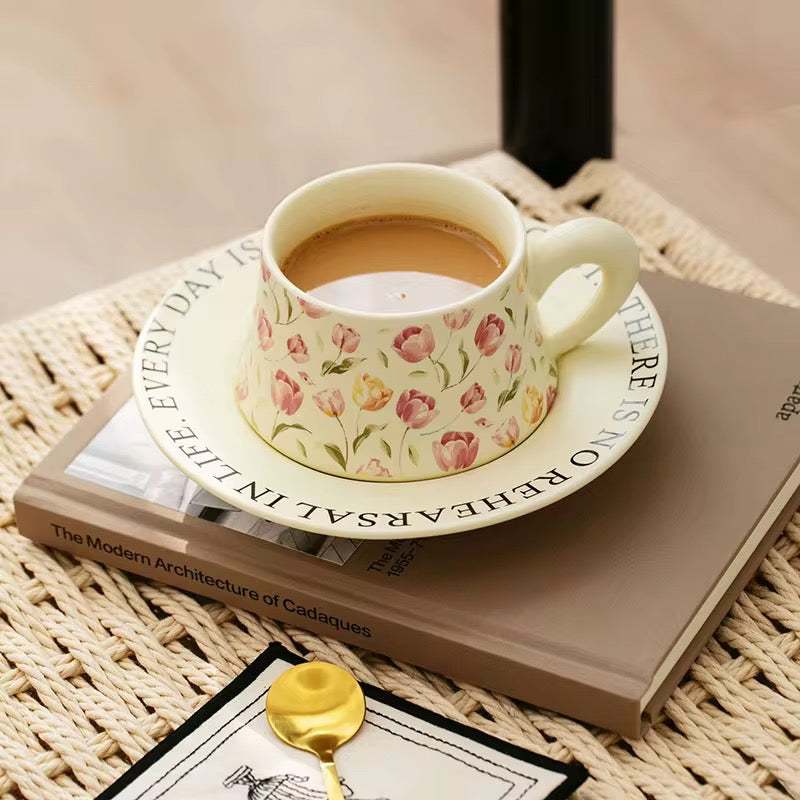 French vintage floral tulip ceramic coffee cup and saucer set 230ml