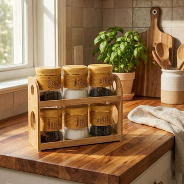 6-Piece Glass Spice & Condiment Jar Set with Wooden Rack