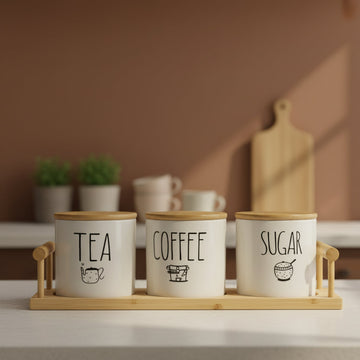 CeraNest 3-Piece Ceramic Kitchen Canister Set with Wooden Tray