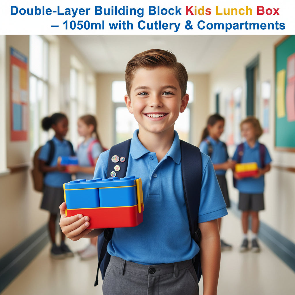 Double-layer building block kids lunch box 1050ml with cutlery and compartments