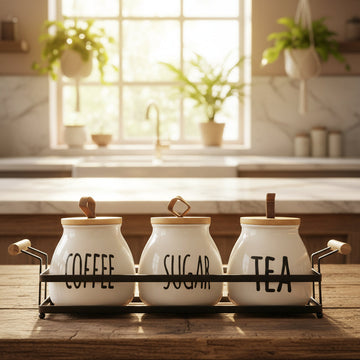 3-Piece Ceramic Tea, Sugar & Coffee Canister Set with Metal Rack & Wooden Lids