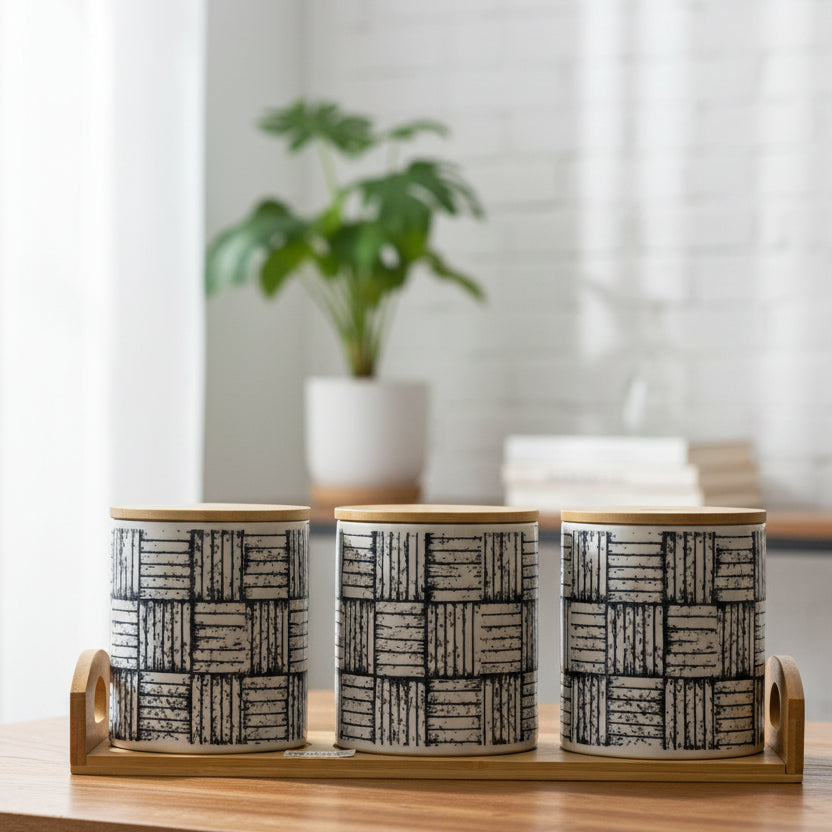 Printed ceramic canister set with bamboo tray
