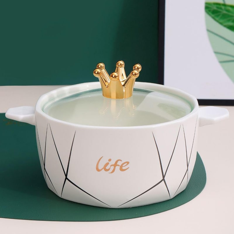 Crown top ceramic noodle and soup bowl with glass lid 1200ml
