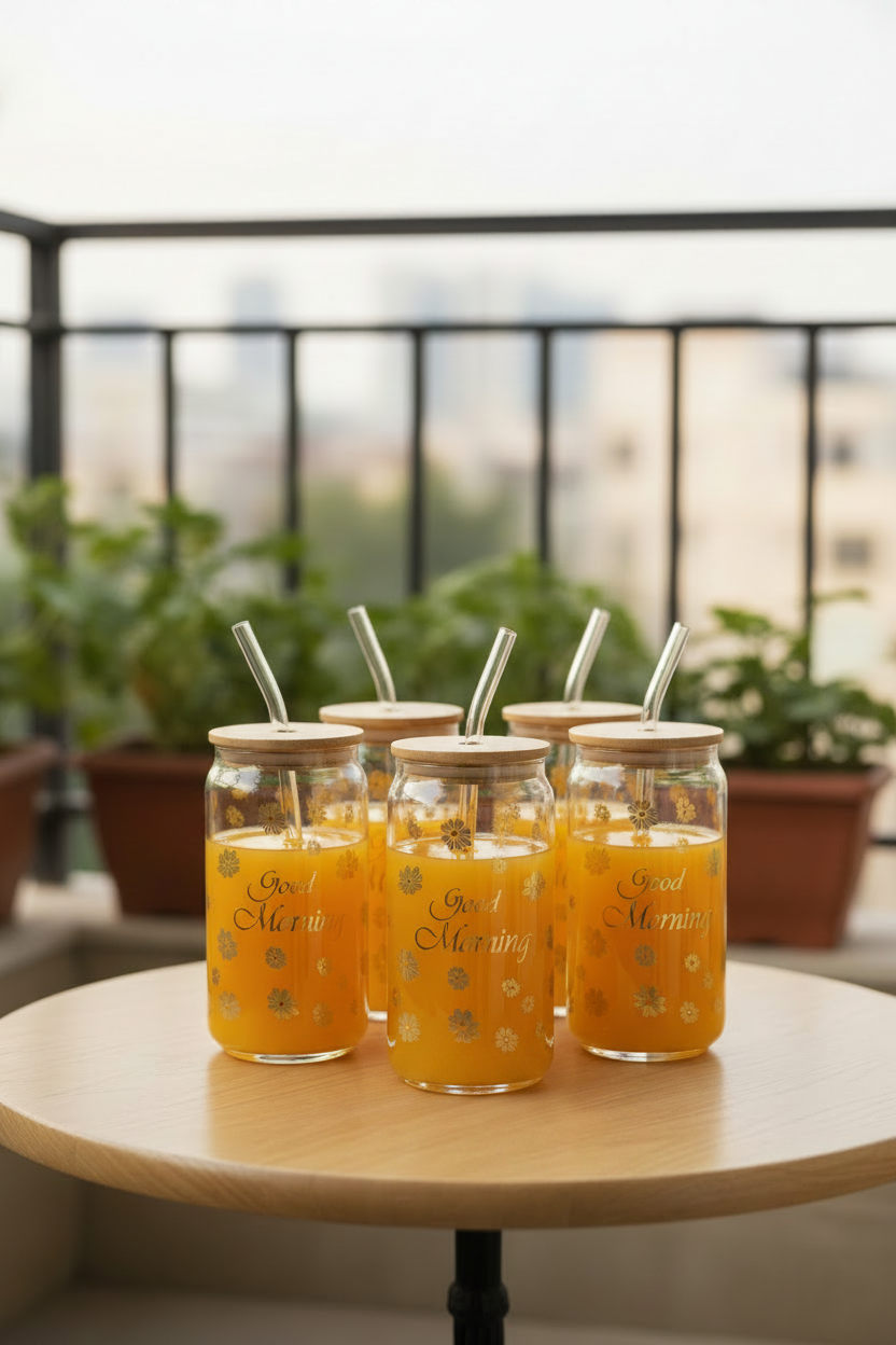 Floral Bloom Glass Tumbler with Bamboo Lid & Straw - My Store