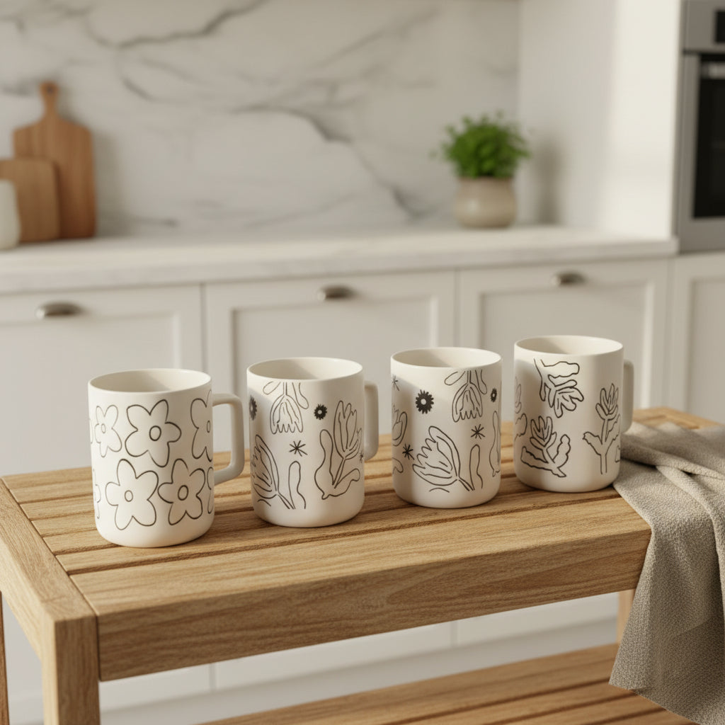 4-piece ceramic floral coffee mug set 350ml