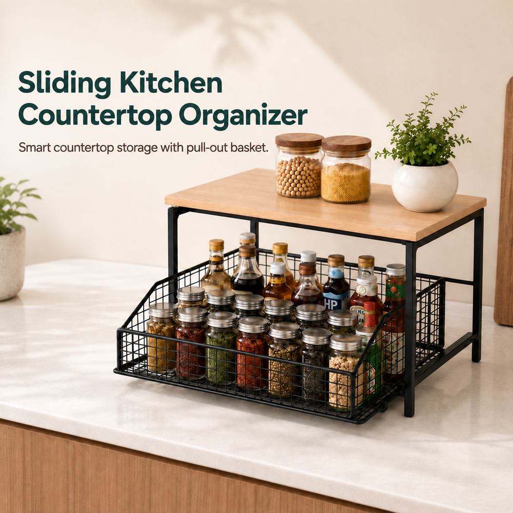 2-tier wooden countertop organizer with sliding mesh basket