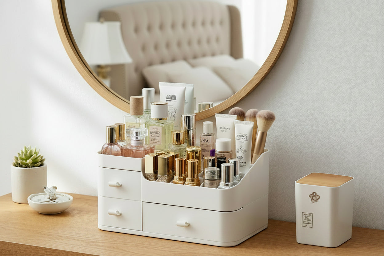 Cosmetic organizer with skincare products on a wooden desk, reflected in a round mirror.