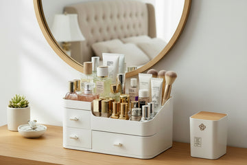 Cosmetic organizer with skincare products on a wooden desk, reflected in a round mirror.