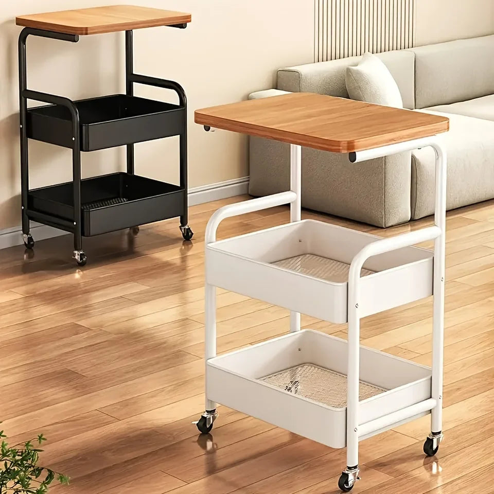 3-tier rolling utility cart with wooden top and mesh baskets