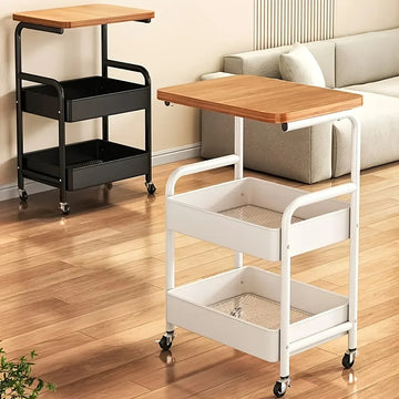 3-Tier Rolling Utility Cart with MDF Wooden Top & Mesh Storage Baskets