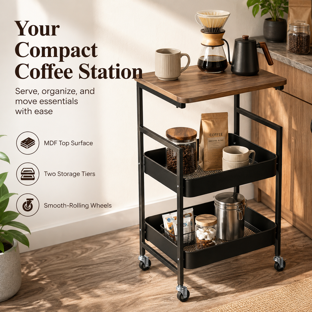 3-tier rolling utility cart with wooden top and mesh baskets