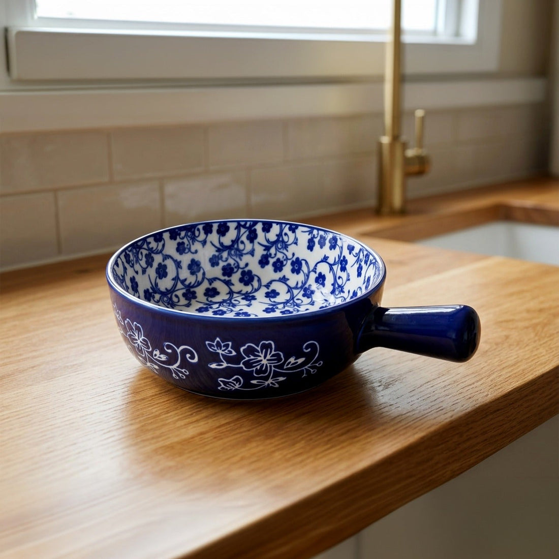 Handcrafted 6-inch classic blue and white floral ceramic handled bowl