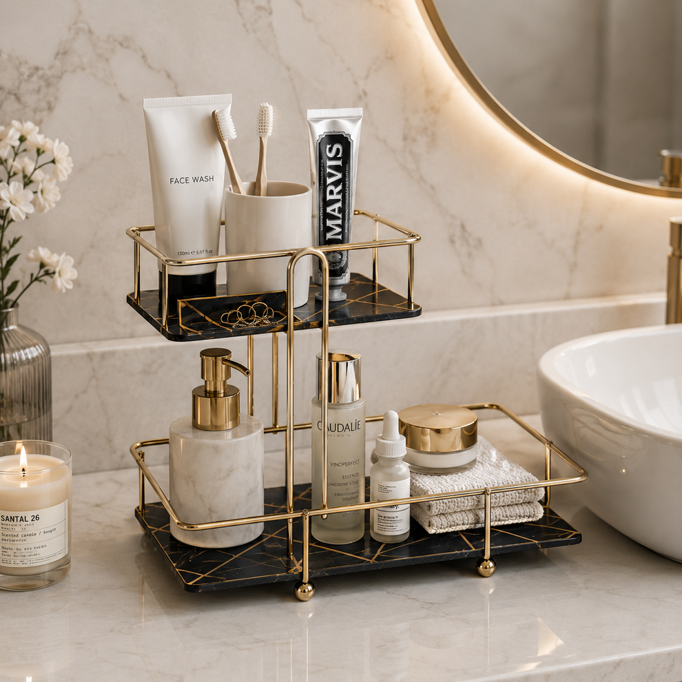 2-tier marble pattern countertop organizer tray with gold frame