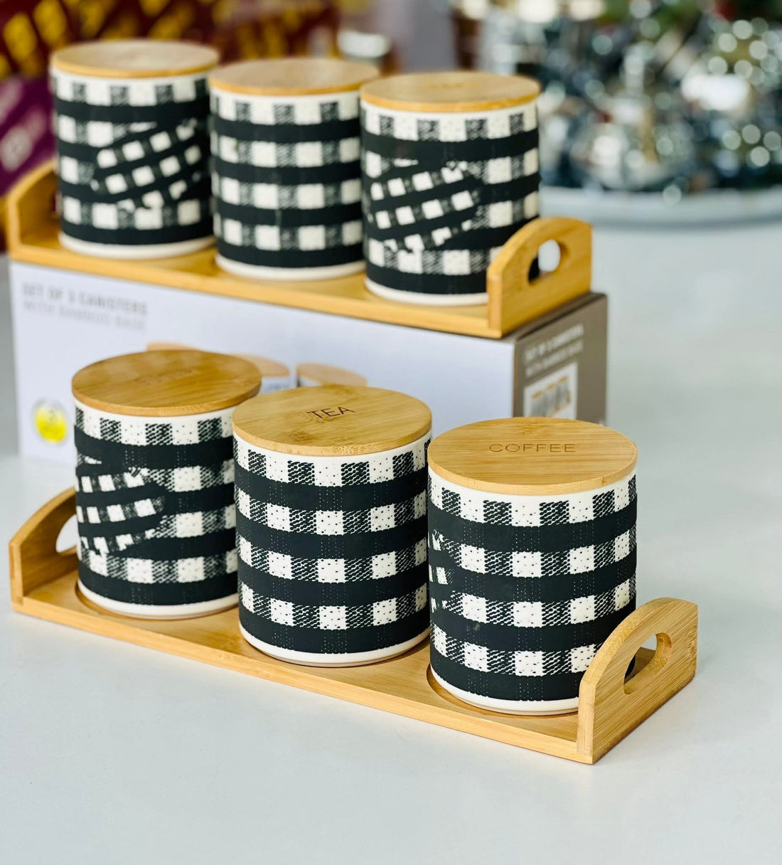 Gingham checkered ceramic canister set of 3 with bamboo lid and tray