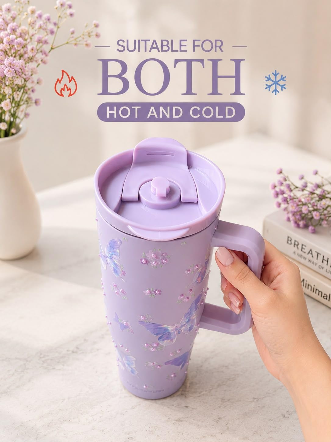 Sitarayuri lavender butterfly stainless steel travel tumbler with handle and bow straw
