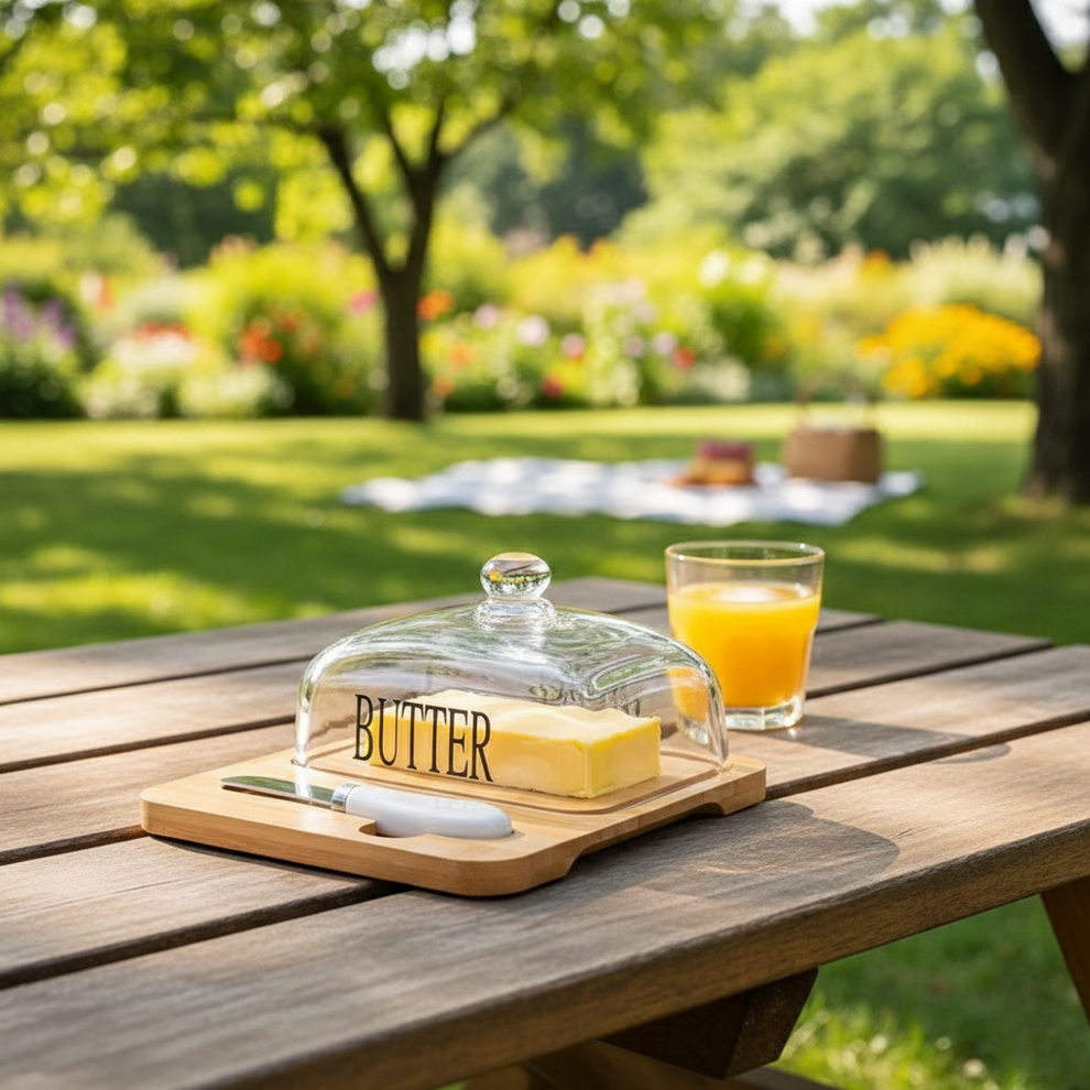 Glass Butter Dish with Bamboo Base & Knife - My Store