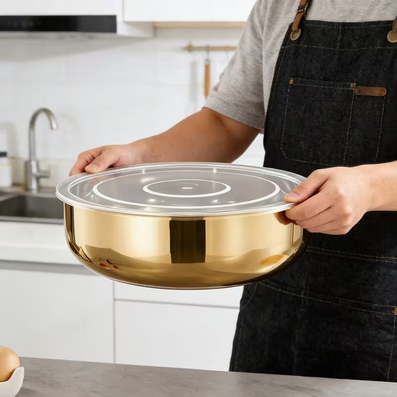 32cm golden stainless steel mixing and serving bowl with airtight lid