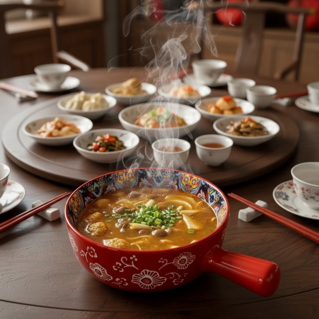 Red Bohemian ceramic handled soup and noodle bowl 6 inch