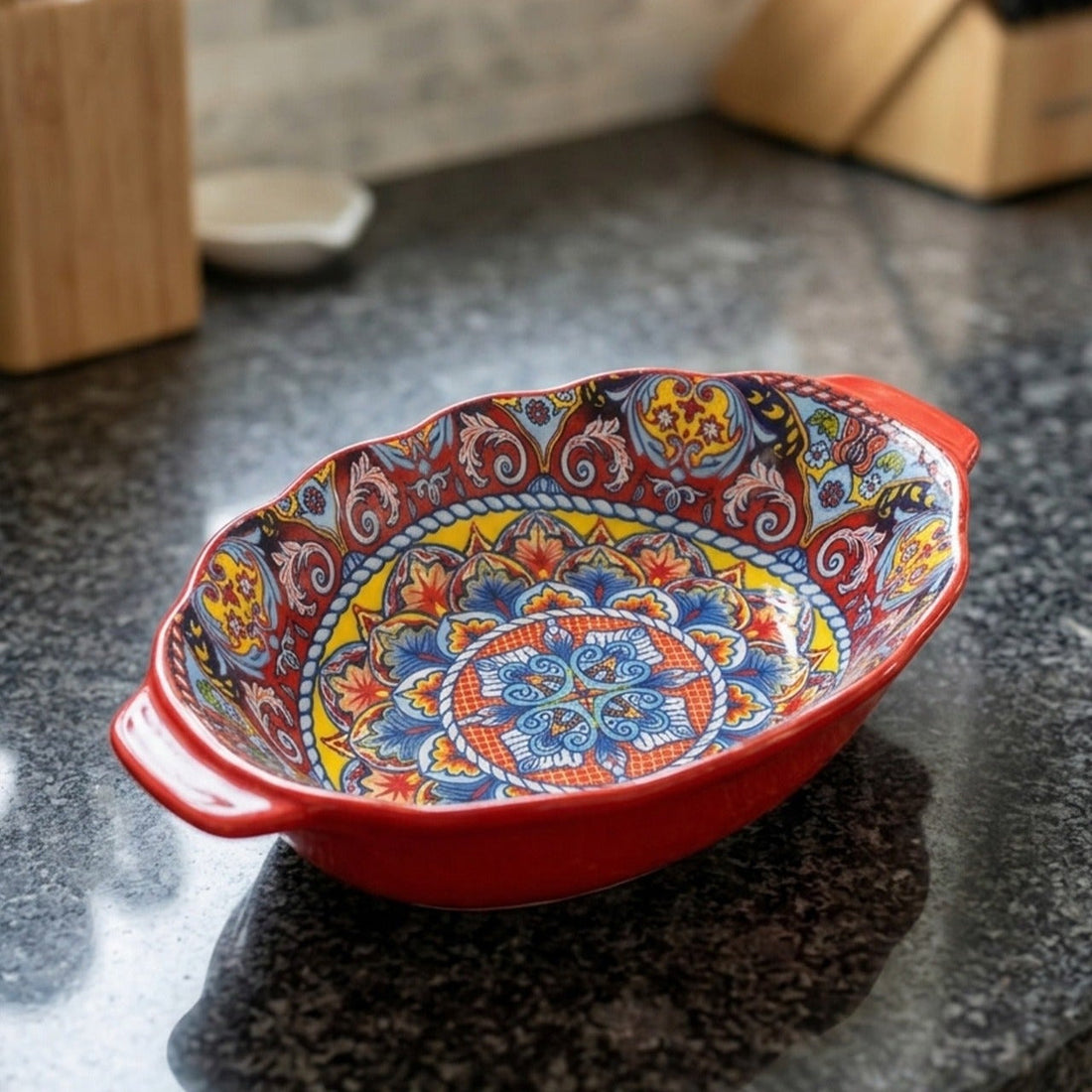 9.5-inch oval Moroccan ceramic serving bowl with side handles