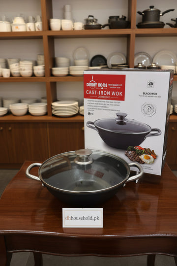 DannyHOME Premium Lightweight Cast-Iron Wok Casserole with Glass Lid
