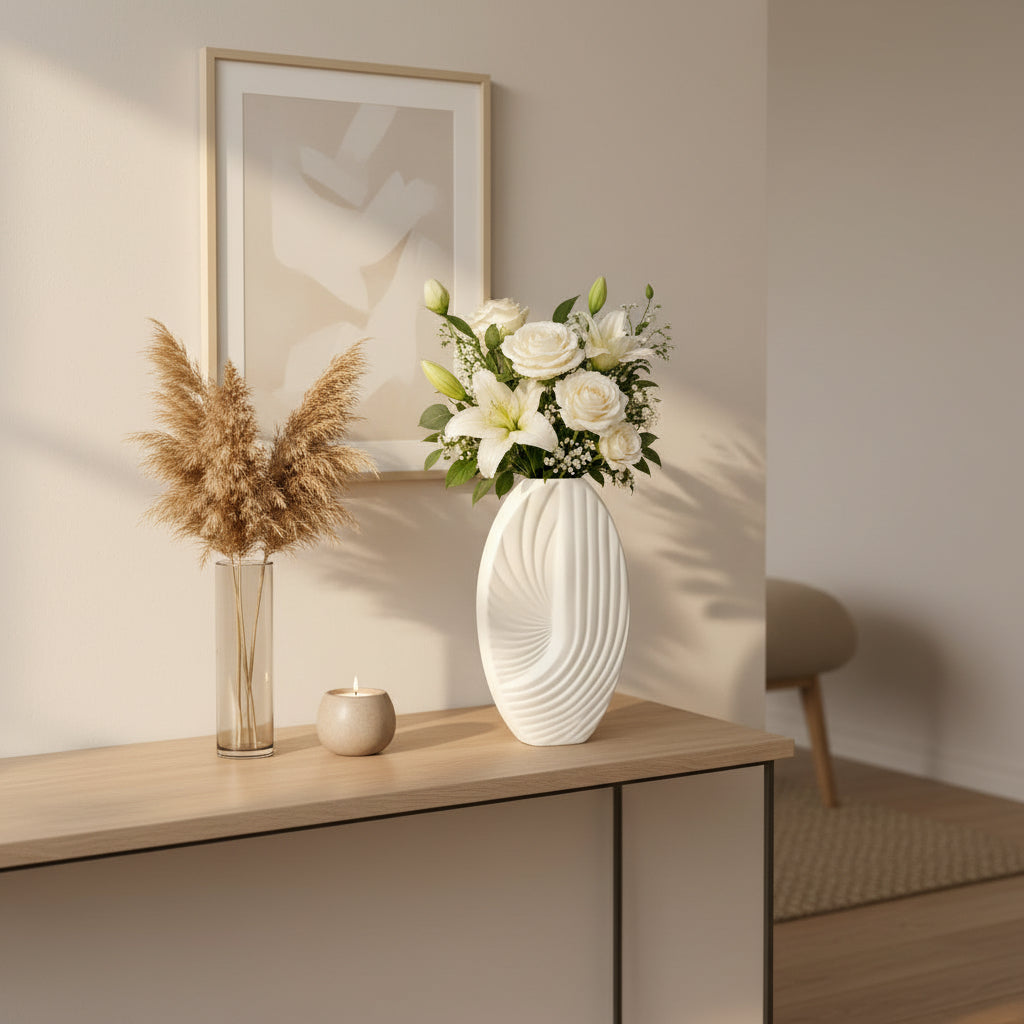 Artisan sculpted spiral oval ceramic centerpiece vase