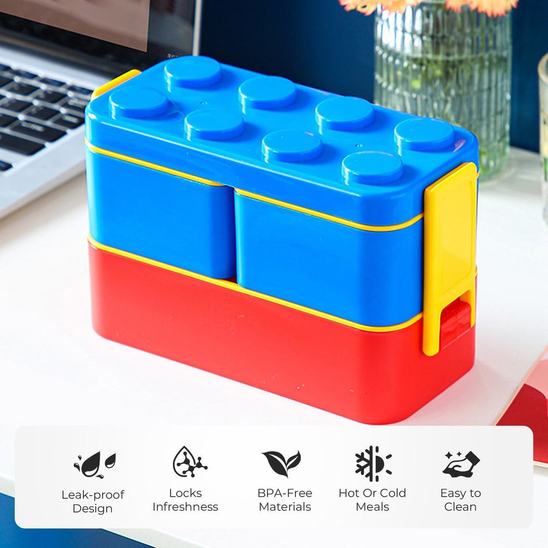 Double-layer building block kids lunch box 1050ml with cutlery and compartments