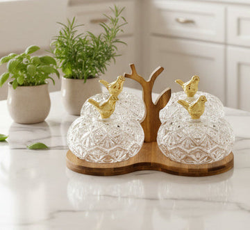 Premium 4-Piece Crystal Glass Bird Lid Dry Fruit & Snack Serving Set with Wooden Tree-Shaped Stand
