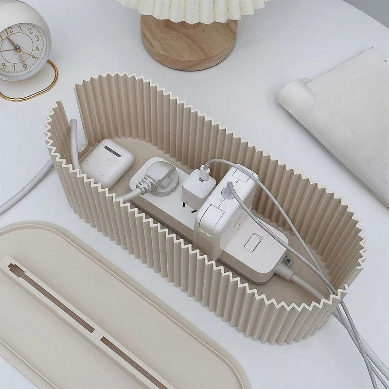 Modern fluted cable management box and desk organizer with phone holder