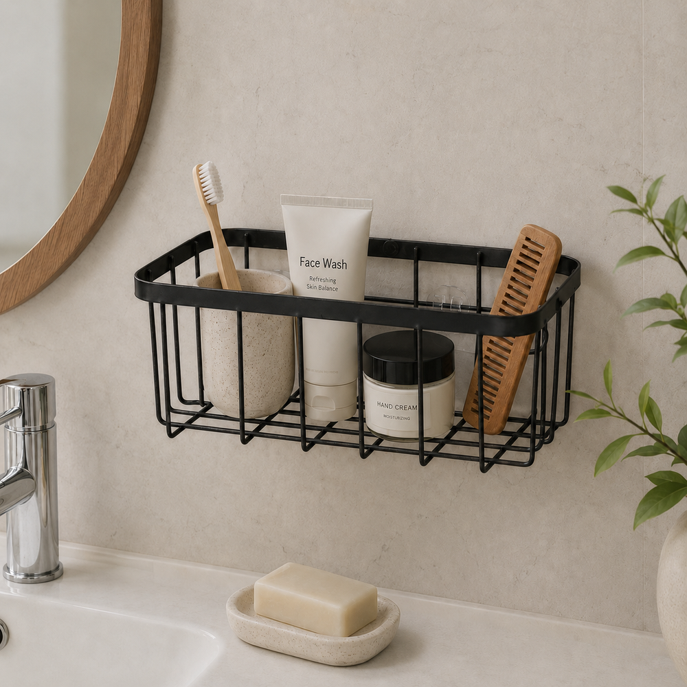 Adhesive metal wall-mounted storage basket