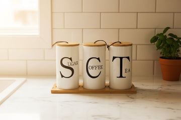 3-Piece Ceramic Tea, Coffee & Sugar Canister Set with Bamboo Lids & Wooden Tray