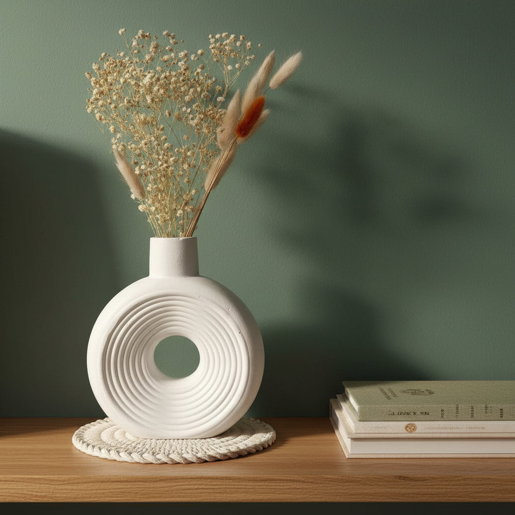 Modern ribbed ceramic donut vase in matte white