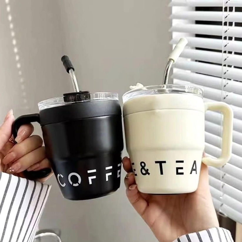 Korean Insulated Stainless Steel Coffe Mug With Straw, 460ml