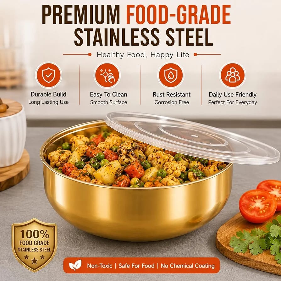32cm golden stainless steel mixing and serving bowl with airtight lid