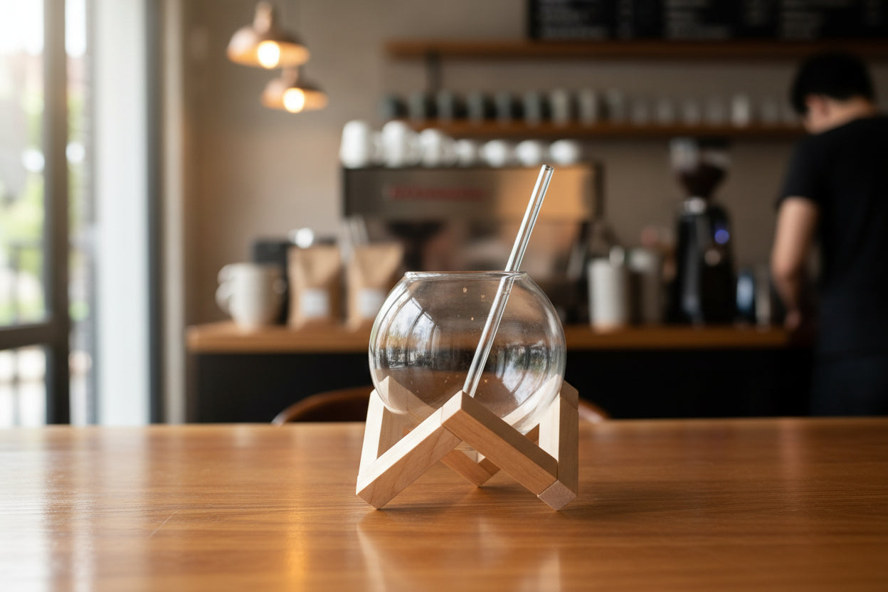 Creative Glass Moon Cup (Orb Shape) with Wooden Stand – 500ml - My Store