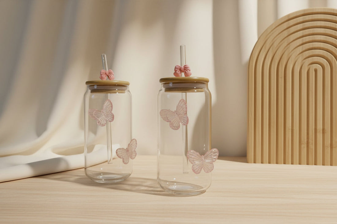 Generic Aesthetic Glass Tumbler with Straw – Pink Butterfly Design (550ml)