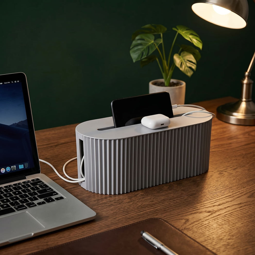 Modern fluted cable management box and desk organizer with phone holder