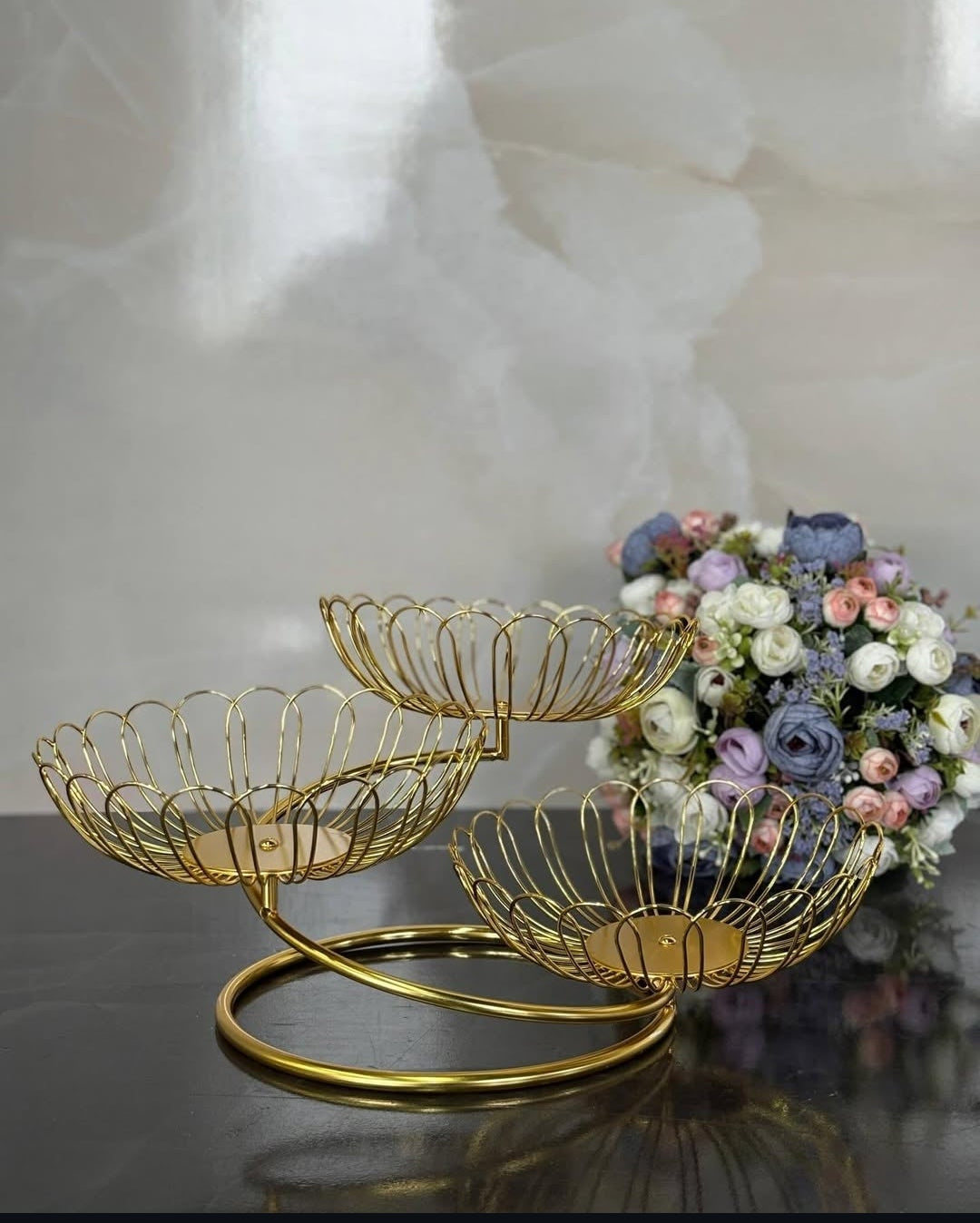 3-Tier Gold Lotus Wire Fruit Basket & Multi-Purpose Serving Stand