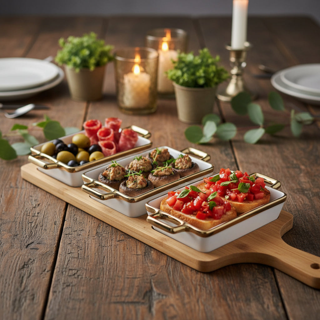 3-piece ceramic serving dish set with wooden tray and gold trim handles