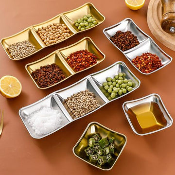 3 Grids Stainless Steel Seasoning Dish Korean Metal Barbecue Sauce Dipping Dish Plate BBQ Restaurant Kitchen Tableware