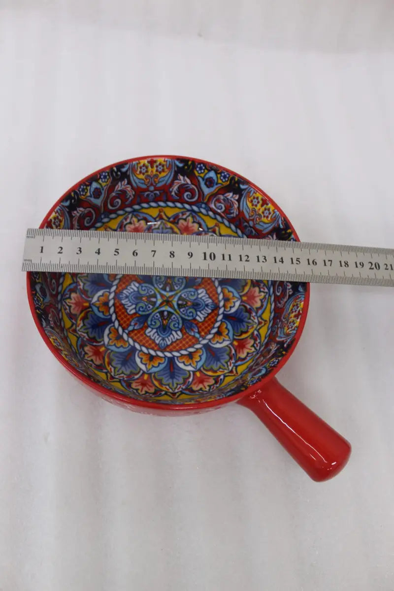 Red Bohemian ceramic handled soup and noodle bowl 6 inch