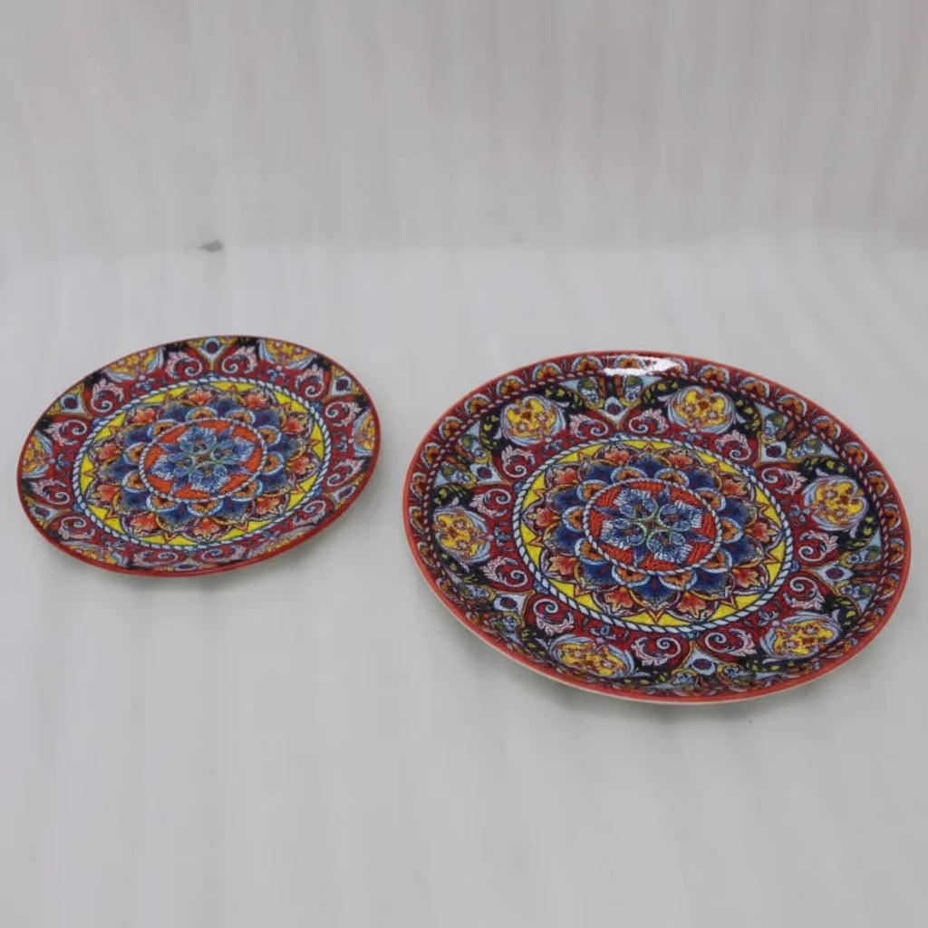 Crimson red hand-painted Moroccan ceramic dinner and quarter plates