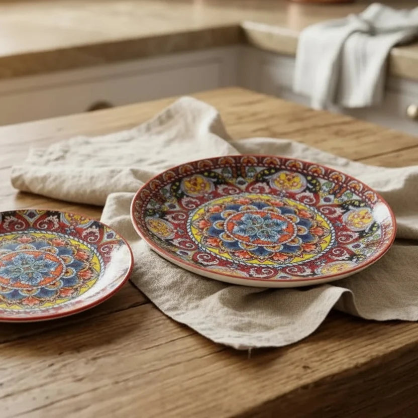 Crimson red hand-painted Moroccan ceramic dinner and quarter plates