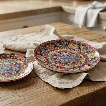 Crimson Red Hand-Painted Moroccan Ceramic Dinner & Quarter Plates